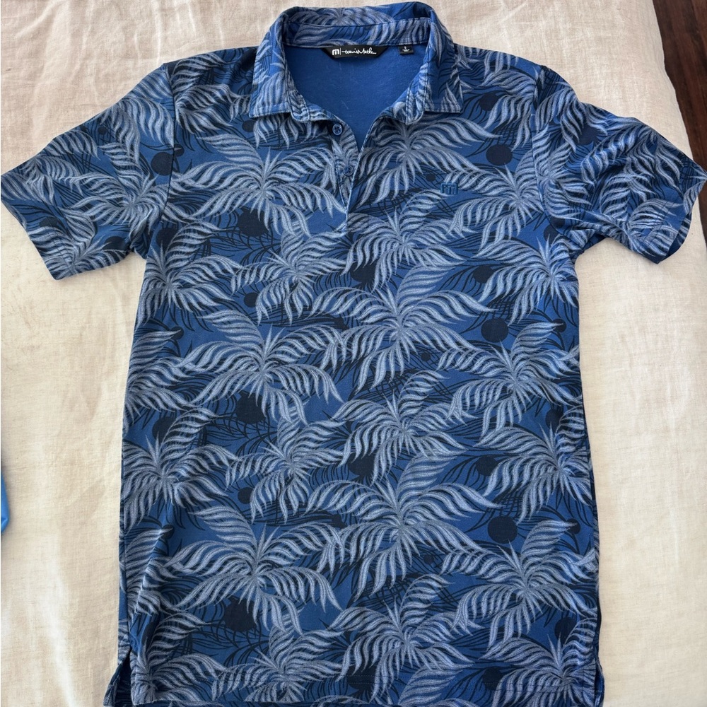 Travis Mathew Blue Leaf Pattern Polo
